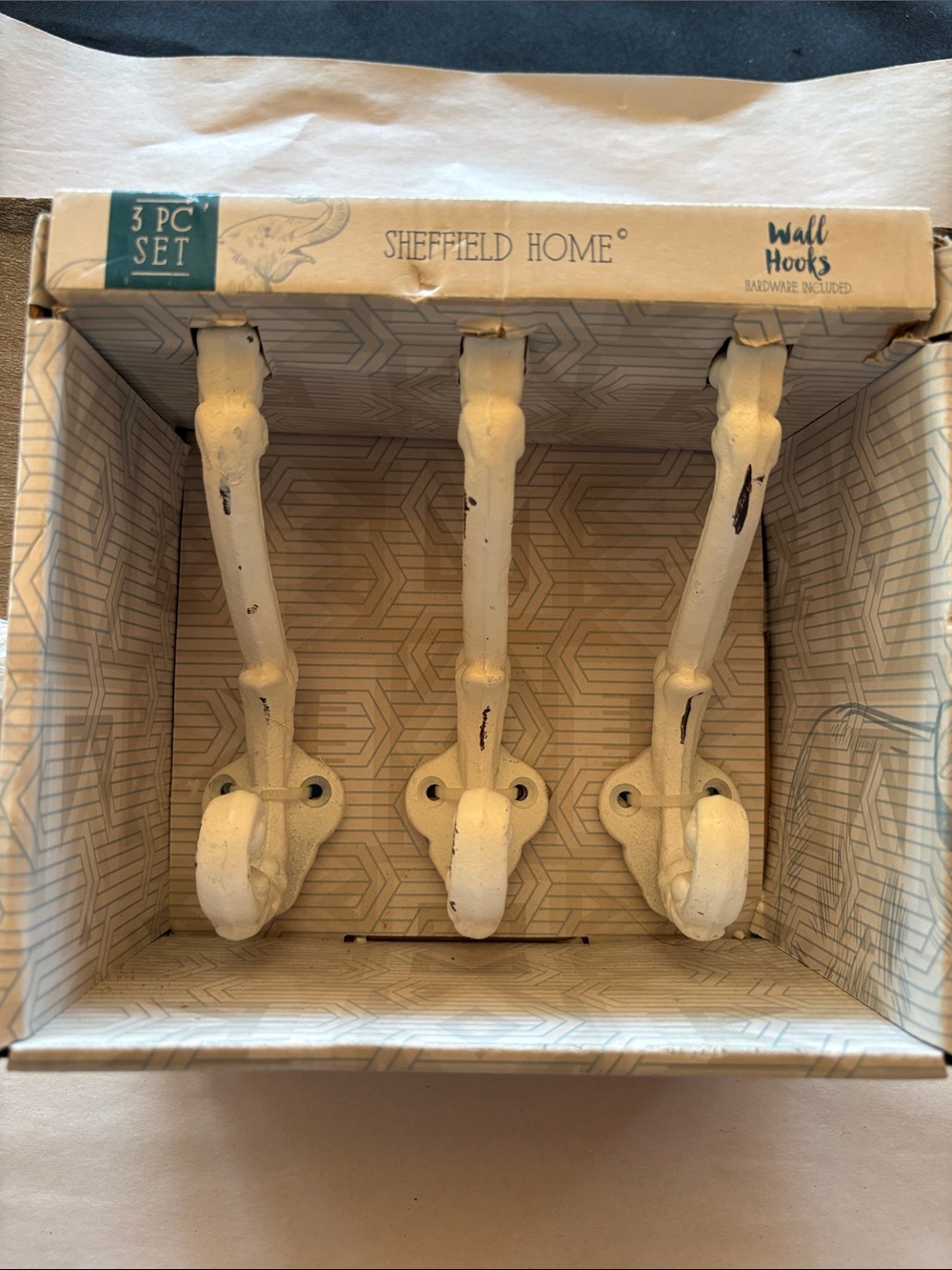 Sheffield Home White Distressed Metal Wall Hooks - 3 Piece Set